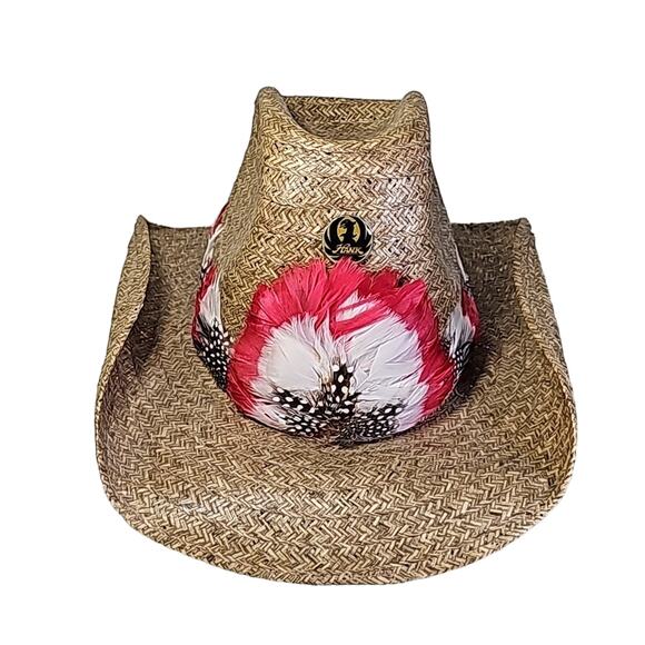 Bronco Buster Feather Cowboy Western Straw Hat - Picture 1 of 7